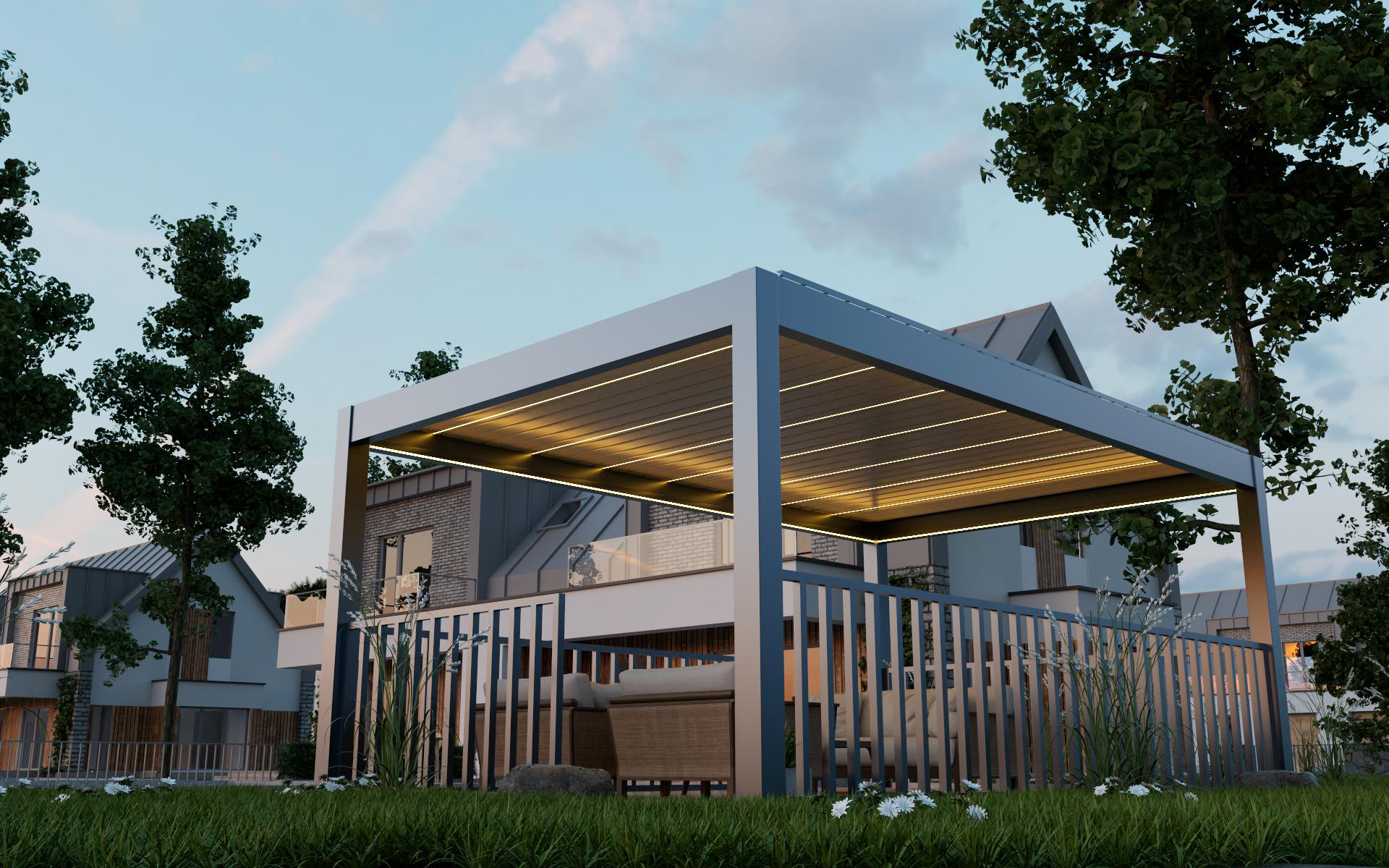 Pergola terrace lit by integrated LED after dark