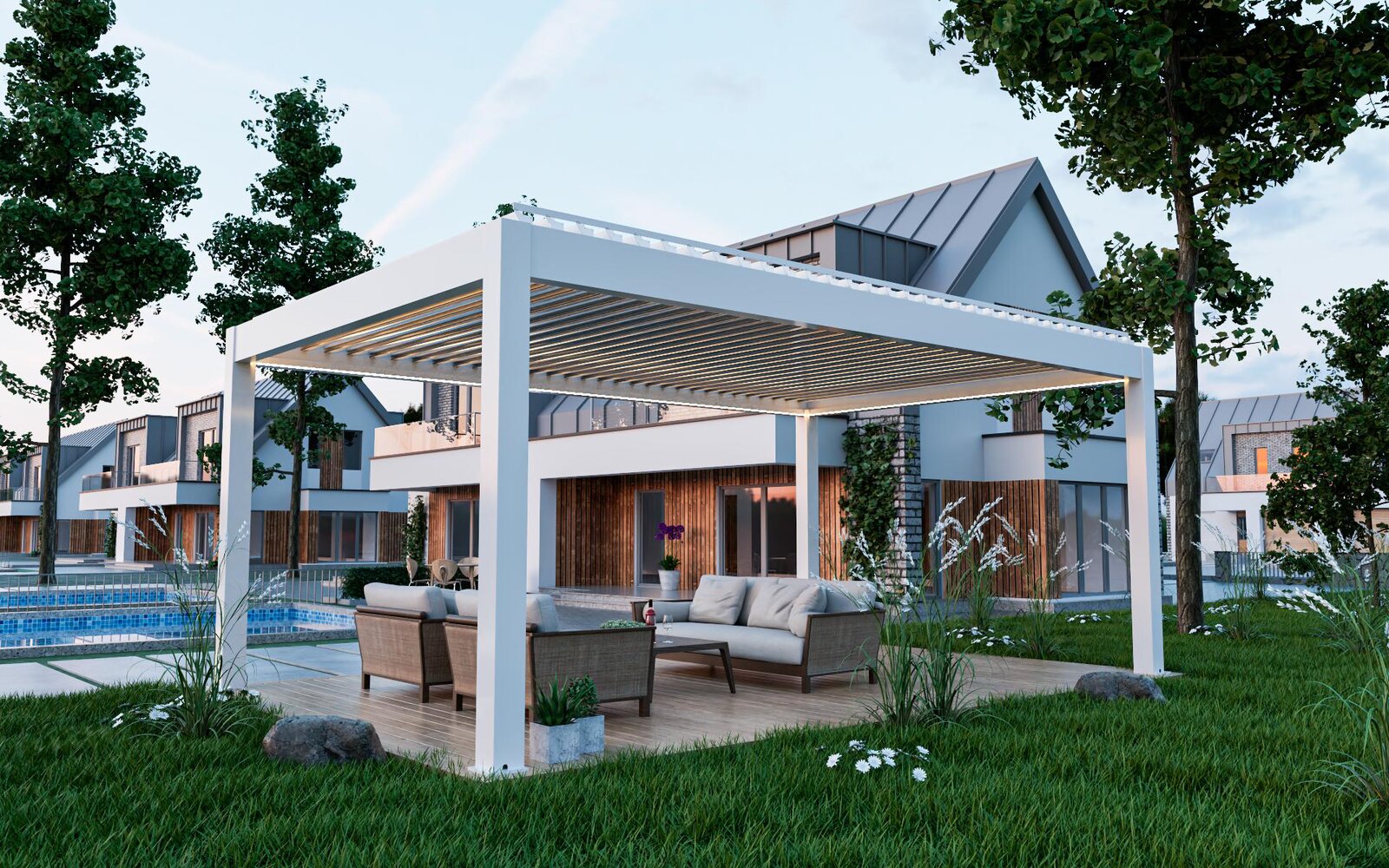 220 Louvered Pergola at a villa pool courtyard